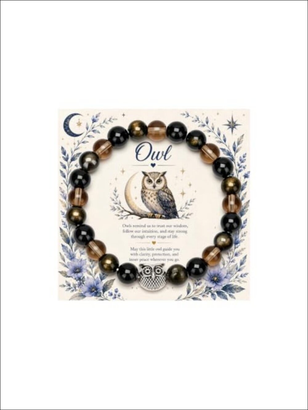 8mm Gemstone Beaded Bracelet Silver Owl Charm Stretch Handcrafted Gift